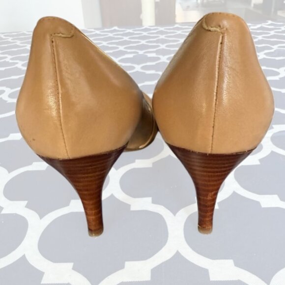 Nine West Nude Leather Bow Peep Toe Pumps I Heart You Size 7.5 Classic Neutral - Picture 4 of 9